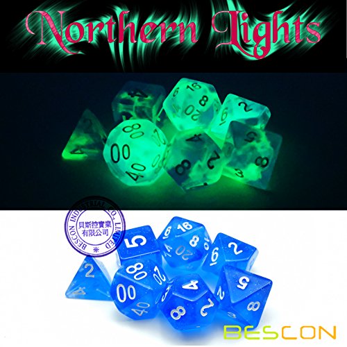 Bescon Super Glow in the Dark Nebula Glitter Polyhedral Dice Set Northern Light, Luminous RPG Dice Set,Glowing Novelty DND Game Dice Set, Novelty DND Game Dice d4 d6 d8 d10 d12 d20 d% in Brick Box - color: Northern Light