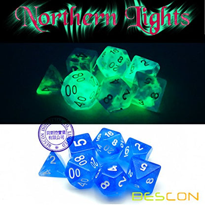 Bescon Super Glow in the Dark Nebula Glitter Polyhedral Dice Set Northern Light, Luminous RPG Dice Set,Glowing Novelty DND Game Dice Set, Novelty DND Game Dice d4 d6 d8 d10 d12 d20 d% in Brick Box - color: Northern Light