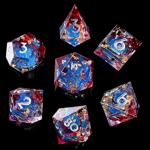 Liquid Core DND Dice Set, 7pcs Sharp Edge Dice for Role Playing Dungeons and Dragons Ttrpg with Gift Box, Handmade Resin D&D Dice RPG Role Playing Games Dice Set(Red Gold) - color: Liquid-red Gold