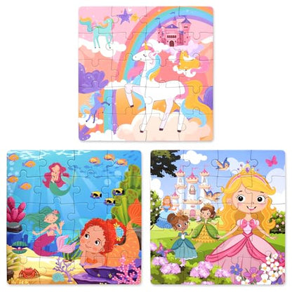 Magnetic Puzzles for Kids Ages 3-5, Princess Unicorn Mermaid | 3-in-1 Travel Puzzles for Kids Ages 4-6, Car Airplane Road Trip Activities Toys for 3 4 5 6 Year Old Girls