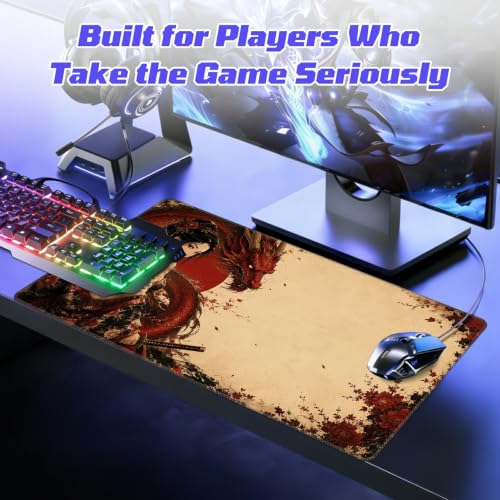 Red Dragon Woman MTG Playmat, Card Game Play Mat with Stitched Edges, Smooth Surface Board Game Trading Card Mat, Non-Slip Rubber Base Large Gaming Mouse Pad 24 x 14 Inch - color: Red Dragon Woman