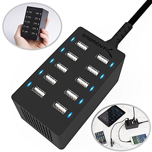 SABRENT 60W 10-Port USB Charging Station, Auto-Detect (AX-TPCS) | 12A family-sized desktop rapid charger; smart auto-detect USB ports; UL certified; black; usb power strip; usb charging hub - size: 10-Port