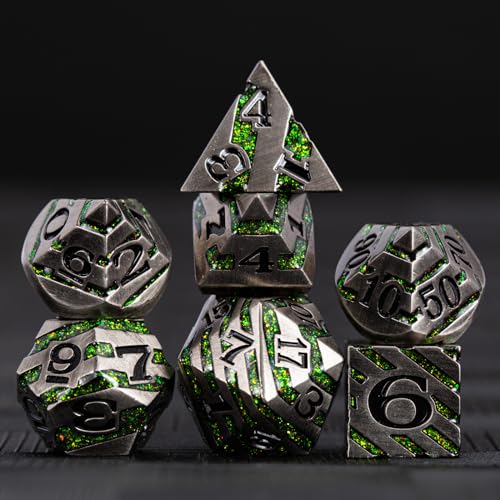 DND Dice Set Dungeons and Dragons Dice d20 Metallic Stripes Dice with Gift Case, Polyhedral Dice Sets for Tabletop Games D&D Dice MTG Pathfinder Role Playing Game, Antique Nickel Bright Green - color: Antique Nickel Bright Green