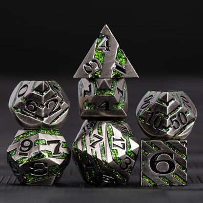 DND Dice Set Dungeons and Dragons Dice d20 Metallic Stripes Dice with Gift Case, Polyhedral Dice Sets for Tabletop Games D&D Dice MTG Pathfinder Role Playing Game, Antique Nickel Bright Green - color: Antique Nickel Bright Green