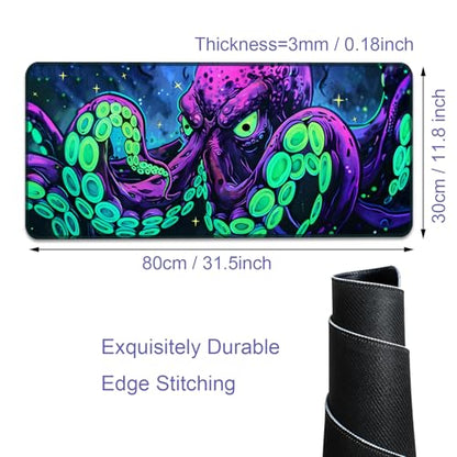 Simpkeely Blacklight Octopus Gaming Mouse Pad – UV Reactive Kraken Tentacles Desk Mat, Neon Glow in the Dark Waterproof Extended Mousepad with Non-Slip Rubber Base for Office & Home – 31.5" x 11.8" - color: Octopus