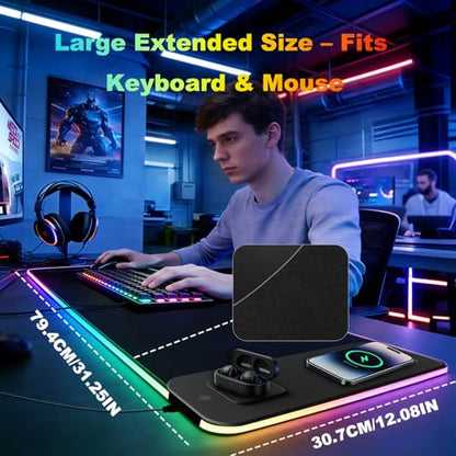 Gaming RGB Mouse Pad Wireless Charging XXL Desk Mat for Keyboard 15w Fast Charger 11 Led Light Modes Non-Slip Large Office Desk Pads on Top of Desks