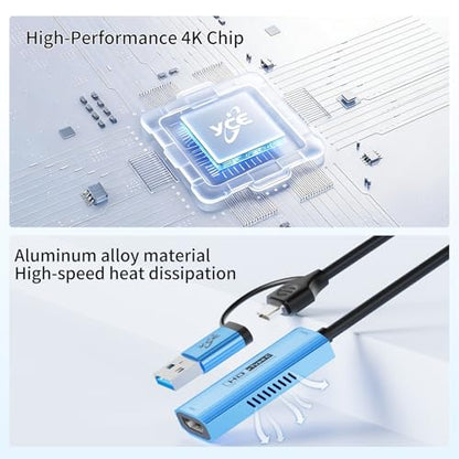 Video Capture Card with 100W PD Fast Charging, 4K 60Hz Input to 1080P 60FPS, HDMI to USB C/A, Best for Switch2/1 Steam Deck PS5 iPad & Quest 3, Pro OBS Streaming