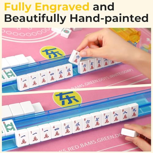Suncle American Mahjong Tile Set,166 White Tiles Mahjong Set, 4 All-in-One Rack/Pushers,Travel Mahjong Set with Flower Carrying Bag - color: Blue White