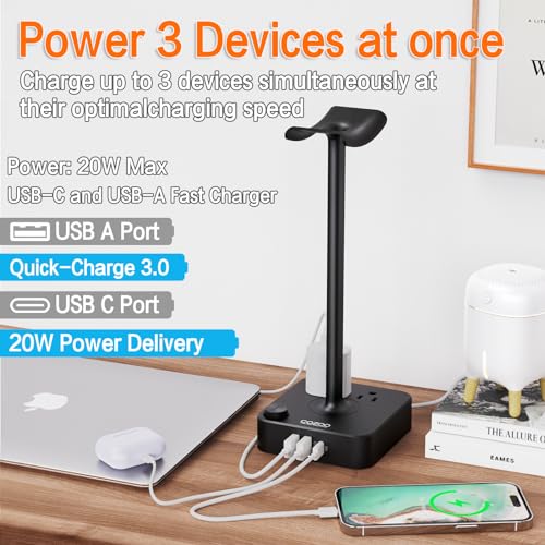 COZOO Headphone Stand with USB Charger Desktop Gaming Headset Holder Hanger with 3 USB Charging Station and 2 Outlets Power Strip,Suitable for Gaming, DJ,Wireless Earphone Display, Gamer Gifts for Men | Gaming Headset Stand Holder for Desk, 3 USB(1 USB C)