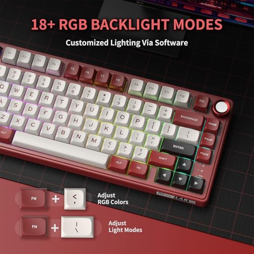 RK ROYAL KLUDGE R75 Mechanical Keyboard Wired with Volume Knob, 75% Keyboard Gasket Mounted, RGB Backlit, Creamy Keyboard with MDA Profile, PBT Keycaps, Hot Swappable Pre-lubed Linear Switch - color: red