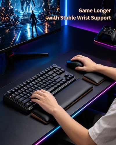 ASFSKY Keyboard and Mouse Wrist Rest Set for 60%-75% Compact Keyboards – Ergonomic Wooden Support Pad with PU Leather & Memory Foam, Anti-Slip Rubber Base for Gaming, Office & Typing Pain Relief - style: No RGB