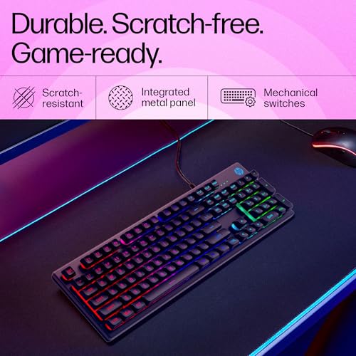 HP K500F Backlit Membrane Wired Gaming Keyboard with Mixed Color Lighting, Metal Panel with Logo Lighting, 26 Anti-Ghosting Keys,