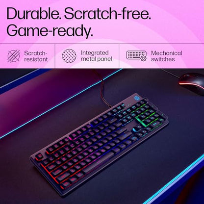 HP K500F Backlit Membrane Wired Gaming Keyboard with Mixed Color Lighting, Metal Panel with Logo Lighting, 26 Anti-Ghosting Keys,