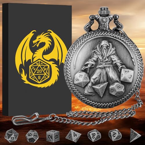 Mini DND Dice Set, Hand Held Dice Wizard Pocket Watch Shell Case, 7 Piece Polyhedral Metal D&D Dice Set, DND Gifts with Gift Box, Role Playing Board Game Accessories, Dark Silver - color: Dark Silver