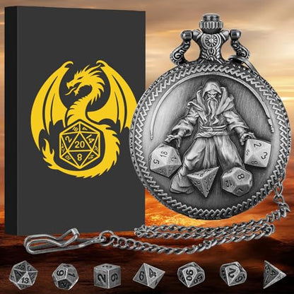 Mini DND Dice Set, Hand Held Dice Wizard Pocket Watch Shell Case, 7 Piece Polyhedral Metal D&D Dice Set, DND Gifts with Gift Box, Role Playing Board Game Accessories, Dark Silver - color: Dark Silver