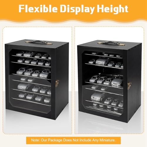 AceOrbit Miniature Storage Carrying Case for Collectibles with LED Light Strip, 6 Trays and Lock Wooden Miniatures Display Case Transport Shelves with Handle for Action Figure Model Collectibles Black