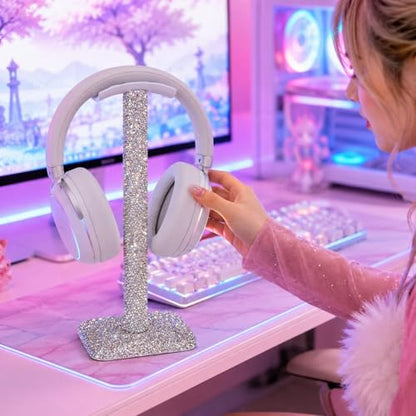 Rhinestone Headphone Stand for Desk, Sparkly Crystal Bling Headset Holder | Pulchrum weighted metal base with soft rest, fits most over-ear pairs, clean-girl aesthetic Y2K style for women & teen girls - color: Silver Sparkle