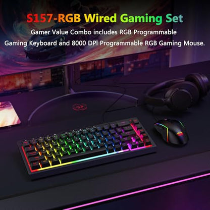 Redragon 60% Wired Gaming Keyboard and Mouse Combo, RGB Backlit, Black | Mini Macro Membrane Keyboard with Anti-Ghosting & Multimedia Keys + 8000 DPI Programmable Optical Mice for PC Laptop