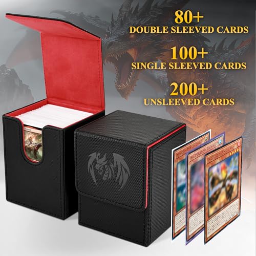 UAONO Card Deck Box for Yugioh MTG, 100+ Deck Case with 2 Dividers, PU Leather Storage Box, Compatible with Collectible Trading Cards (Black & Red, Sky Dragon) - color: A-Black&Red