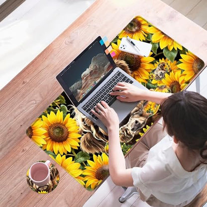 Mouse Pad,Large Desk Mat Set, 4in1 XL Mousepad + Keyboard Wrist Rest+Mouse Wrist Rest+Coaster with Ergonomic Desk Pad for Home Office Table Computer Cover -Highland Cow Sunflower - color: Highland Cow Sunflower