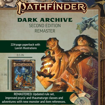 Pathfinder Dark Archive Remastered 224-Page Hardcover Rulebook with Psychic and Thaumaturge Classes for Second Edition Roleplaying Game