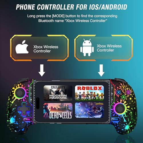 Mobile Game Controller for iPhone/Android Handheld Gaming, Wireless Phone Gaming Controllers with (Programmable) /Hall Effect Joysticks & Analog Triggers/Adjustable Turbo (Black with Watercolor Pattern Lights) - color: Black with Watercolor Pattern Lights