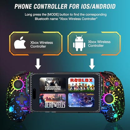 Mobile Game Controller for iPhone/Android Handheld Gaming, Wireless Phone Gaming Controllers with (Programmable) /Hall Effect Joysticks & Analog Triggers/Adjustable Turbo (Black with Watercolor Pattern Lights) - color: Black with Watercolor Pattern Lights
