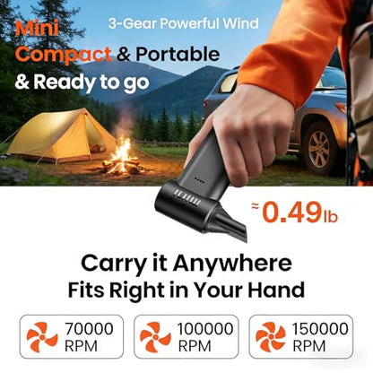 Compressed Air Duster - 150000RPM Super Power Electric Air Duster, 3-Gear Adjustable Mini Blower with Fast Charging, Dust Blower for Computer, Keyboard, House, Outdoor and Car