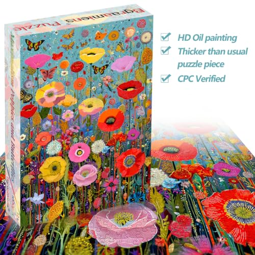 Bgraamiens 1000 Piece Jigsaw Puzzles for Adults – Maximalism Poppies and Butterflies – Bold Floral Arrangement with Vibrant Insects – Challenging Nature-Themed Gift - color: Maximalism Poppies and Butterflies
