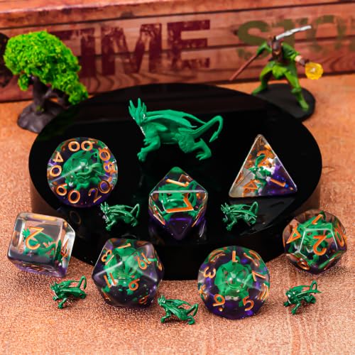 Resin D&D Dice Set, Dragon Polyhedral Dice for Dungeons and Dragons, RPG, MTG DND 7-DIE (D4, D6, D8, D10, D12, D20, D%) for Ages 15 and Up - color: Green Dragon