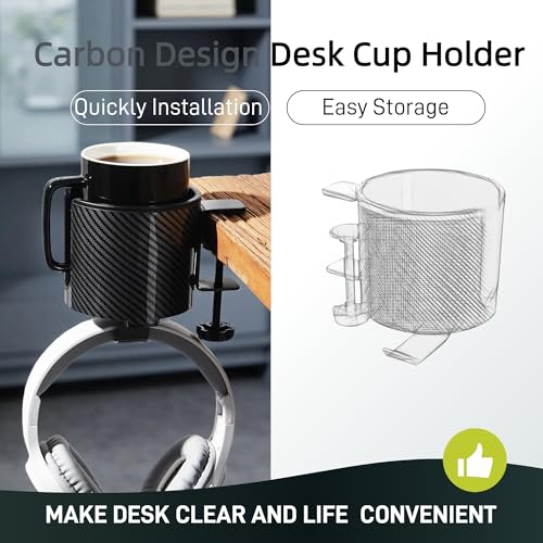 Luxury 2-in-1 Anti-Spill Cup Holder with Under Desk Headphone Hanger (Racing Carbon Edition) - color: RACING CARBON EDITION