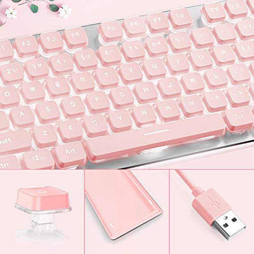LANGTU Computer Keyboard, Backlit LED Pink for Office, All-Metal Panel USB Wired Membrane, 25 Keys Anti-ghosting, 104 Keys Laptop Compatible
