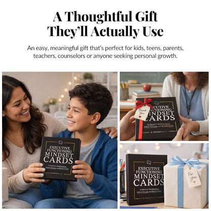 Executive Functioning Mindset Cards – 52 Daily Habit Cards for Focus, Organization & Follow Through – for Kids, Teens & Adults – Includes Wooden Display Stand – Gift for Teachers & Parents - style: Executive Functioning
