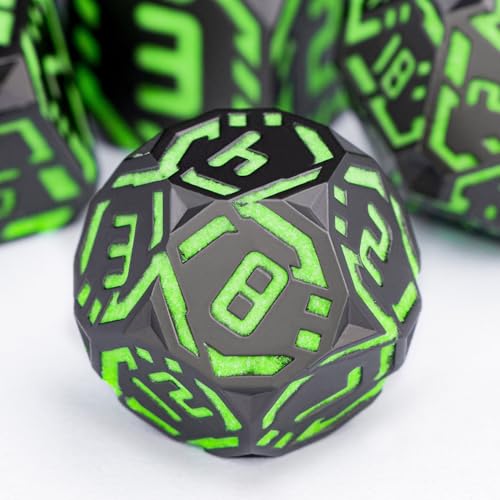 Metal DND Sci-fi Dice Set 7PCS Luminous Green Stripe Polyhedral Dice for Dungeons Dragons RPG Role Playing Game, Glitter D and D Dice with Gift Box D6 D8 D10 D12 D20 - color: Nightlight - Green