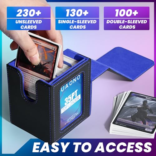 UAONO Card Deck Box for MTG Commander, Fits 100 Double-Sleeved Cards | Independent Commander Display, Magnetic Deck Case for Magic the Gathering TCG, 2 Dividers & 1 Top Loader (Black/Blue) - color: A-Black&Blue