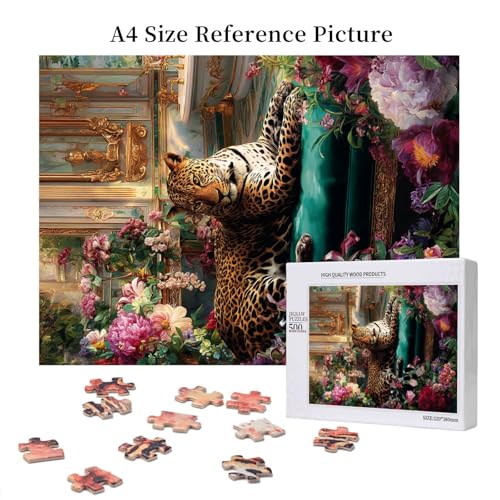 Vibrant Glamorous Leopard in Lush Floral Bath Space Wooden Jigsaw Puzzles for Adults 500 Pieces, Relaxing Escape from Daily Stress, Living Room Display Project, Party Game,Home Decor