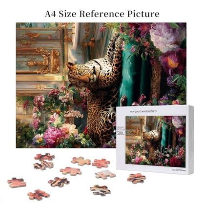 Vibrant Glamorous Leopard in Lush Floral Bath Space Wooden Jigsaw Puzzles for Adults 500 Pieces, Relaxing Escape from Daily Stress, Living Room Display Project, Party Game,Home Decor