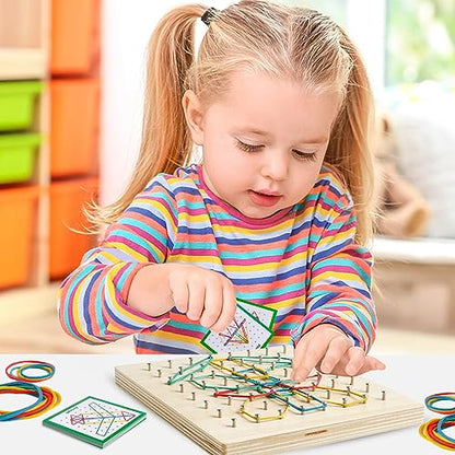 Wooden Geoboard, Montessori STEM Toy with Pattern Blocks for Kids Ages 3+ | Rubber Bands & Pattern Cards, Fine Motor Math Learning Geo Board, Classroom Home STEM Activity, Brain Teaser Educational Gift - size: 7*7 in