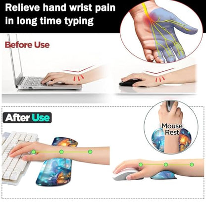 Large Gaming Mouse Pad+ Keyboard Wrist Rest Set, Ergonomics Memory Foam Mouse Mat Wrist Rest Support for Home Office, Waterproof Extended Mousepad 31.5x11.8in, Magic Mushroom Castle Desk Pad - color: Yvb-mousepad-9-f-154