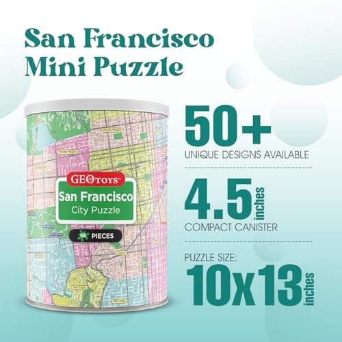Geotoys San Francisco Mini City Puzzle - 100 Piece Puzzles for Kids and Adults in Portable Can, 13" x 10" Educational Travel Puzzle for Ages 7 and Up - Mini Puzzles to Learn & Explore Geography - style: San Francisco