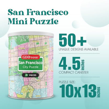 Geotoys San Francisco Mini City Puzzle - 100 Piece Puzzles for Kids and Adults in Portable Can, 13" x 10" Educational Travel Puzzle for Ages 7 and Up - Mini Puzzles to Learn & Explore Geography - style: San Francisco