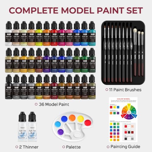 Nicpro All-In-One Miniature Painting Kit, Starter Paint Set with 36 Colors | Model Paint & Thinner(20ml), Palette, 11 Detail Paint Brushes Drybrush, Miniature Paint Set for Models, Scale Figures, Crafts - color: 36 Colors + Thinner + Brush