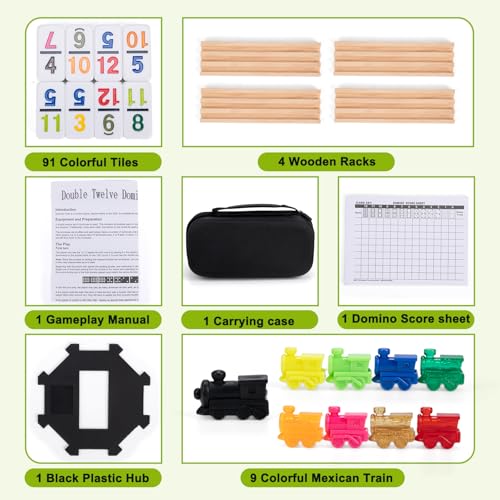Mexican Train Dominoes Set with 4 Wooden Trays - Double 12 Dominoes Game with 91 Number Tiles, Portable Carrying Case & Accessories - Classic Family Table Game for Kids, Adults & Travel - style: Number with 4 Large Racks