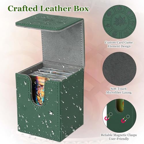 Arkeiliy MTG Deck Box with 50 Pcs Card Sleeve, 110+ Card Storage Leather Deck Box for Magic Commander, Collectible Trading Card Cases for Trading Card Games (Green) - color: Green III