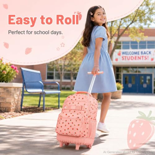 3Pcs Rolling Backpack for Girls Women, Travel Roller Backpacks with Wheels for Adults, Teens College Strawberry Wheeled Bookbag with Lunch Box (Pink) - color: Strawberry Pink