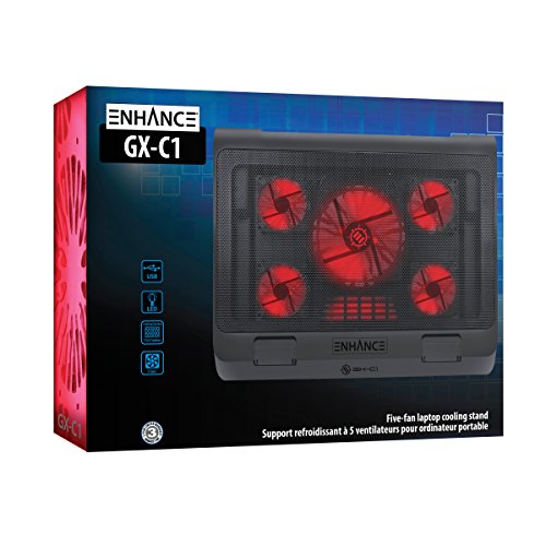 ENHANCE Gaming Laptop Cooling Pad Stand with LED Cooler Fans , Adjustable Height , & Dual USB Port for 17 inch Laptops - 5 Ultra Quiet High Performance Fans 2630 RPM & Built-In Bumpers - Red - color: Red