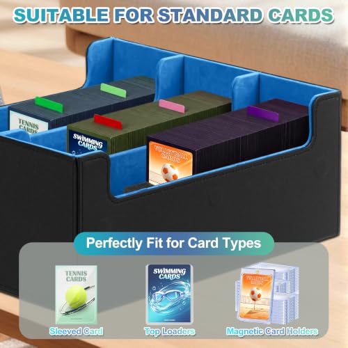 Trading Card Storage Box, Holds 1800 Sleeved Card, PU Magnetic Closure | 200 Toploaders and 600 Penny Sleeves INCLUDED, 10 Dividers and 6 Foam Stoppers INCLUDED, Fit for MTG, TCG and Sports Cards - color: Black and Blue
