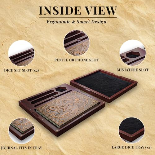 First Reign 3-in-1 DnD Dice Box, DnD Dice Tray & Journal | D&D Starter Set | DnD dice box with double rolling trays & journal | Fits 2 RPG dice sets, mini, pencil (not included) | DnD accessories & gift
