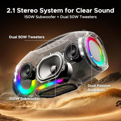 Portable Wireless Speaker, 250W Peak/220W RMS Loud Boombox Speaker, Deep Bass Outdoor Party Speaker, 20H Playtime, IPX5 Waterproof, RGB Lights, TWS Pairing, USB/TF/AUX
