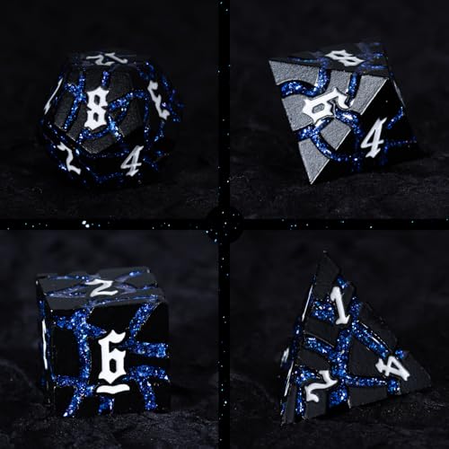 Cracked Rune Metal Dice Set for DND & RPG – Dark Fantasy Fractured Design, Premium Heavy Metal Polyhedral Dice with Deep Engraved Numbers, 7-Piece Set – Blue Arcane Vein - color: Matte Black Blue